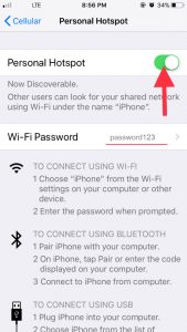 Tap on the slider to activate Personal Hotspot