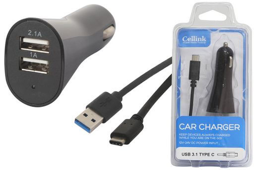 USB Type-C Car Charger Dual USB 3.1 Amp Black