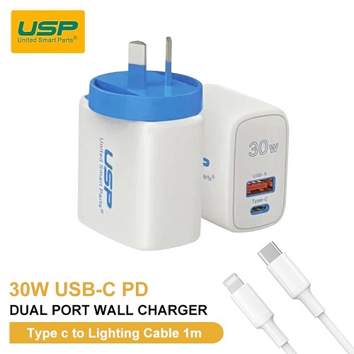 USP 30W Dual Ports USB-C PD + USB-A QC3.0 Fast Wall Charger And Lightning Cable